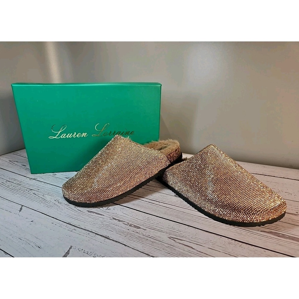 Lauren Lorraine Lizzy Womens Sz 6.5 Gold Rhinestone Clog Mule Faux Fur Cork‎